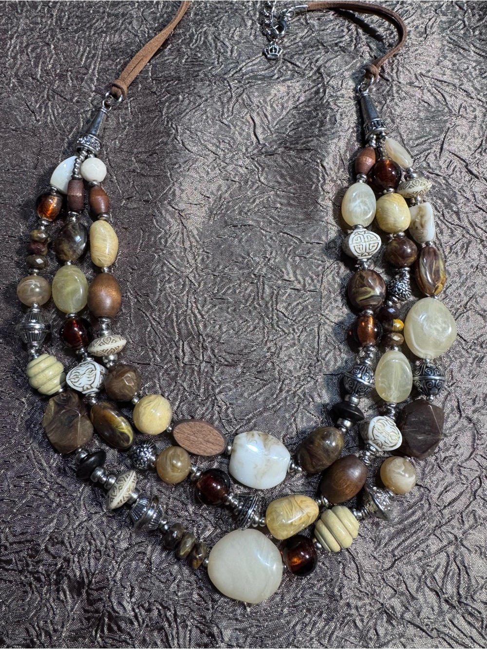 Premier Designs Brown, Cream & Gold Multi-Strand Beaded Necklace